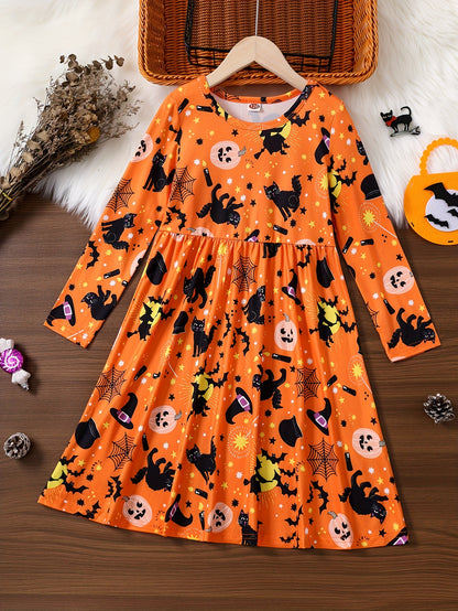 Oranje Halloween Jurk met Katten en Vleermuizen – Lotte