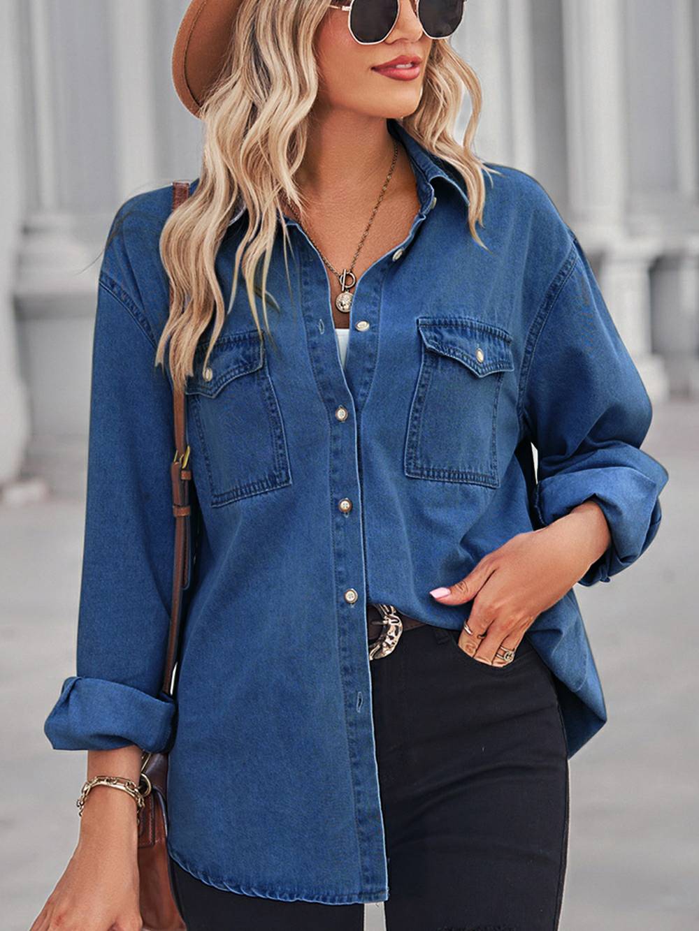 Donkerblauwe Denim Blouse met Lage Schouders - Lotte