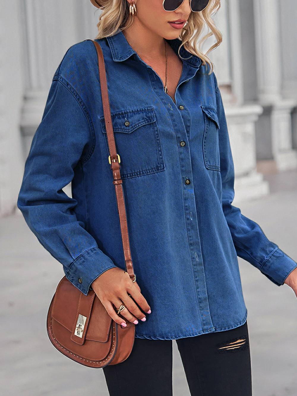 Donkerblauwe Denim Blouse met Lage Schouders - Lotte