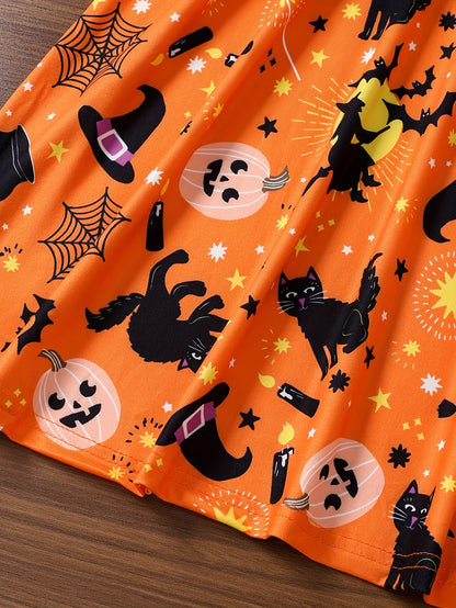 Oranje Halloween Jurk met Katten en Vleermuizen – Lotte