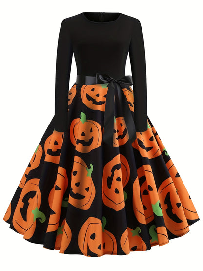 Zwarte Halloween Swingjurk met Pompoenprint - Eva