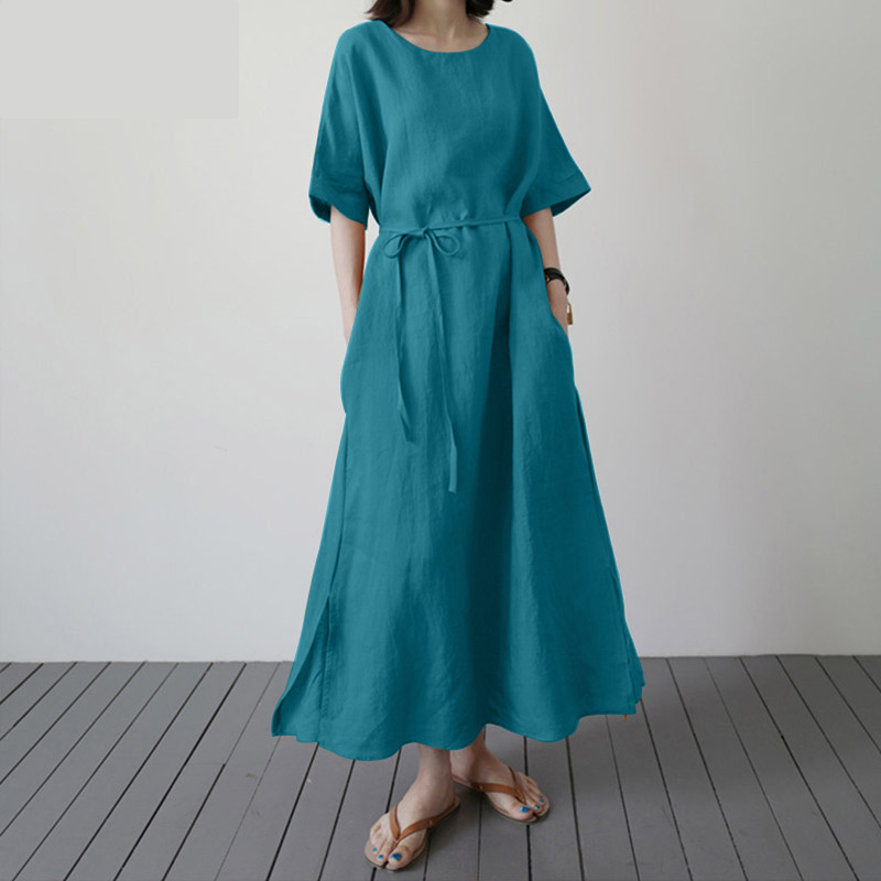 Emilia - Blauwe katoenen maxi-jurk