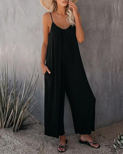 Zwarte Casual Jumpsuit met Zakken en Spaghettibandjes - Jade