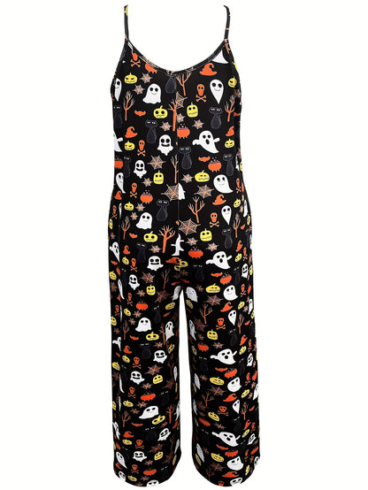 Zwarte Halloween Geest Print Jumpsuit - Noor