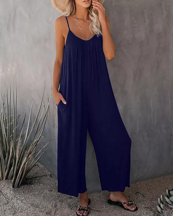 Zwarte Casual Jumpsuit met Zakken en Spaghettibandjes - Jade