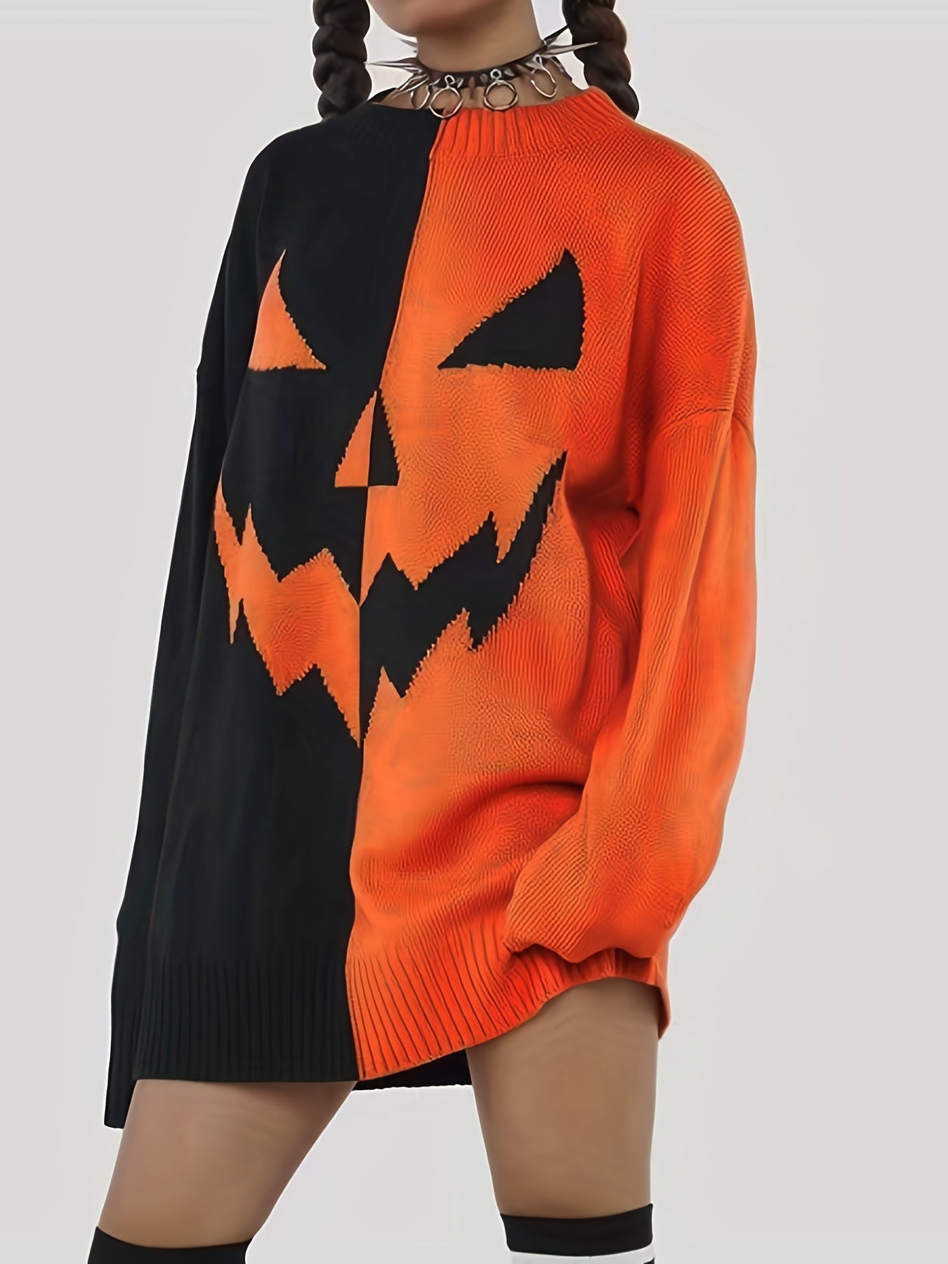 Oranje Zwarte Halloween Sweaterjurk - Jade