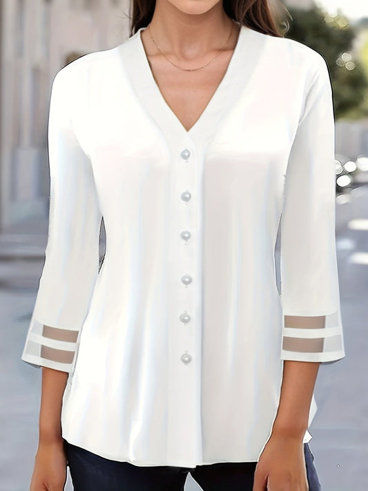 Witte Mesh V-Hals Blouse - Sophie