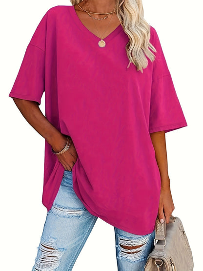 Roze V-Hals T-shirt Plus Size - Rosa