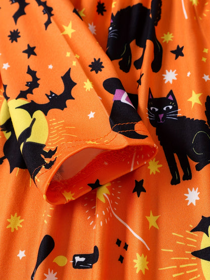 Oranje Halloween Jurk met Katten en Vleermuizen – Lotte