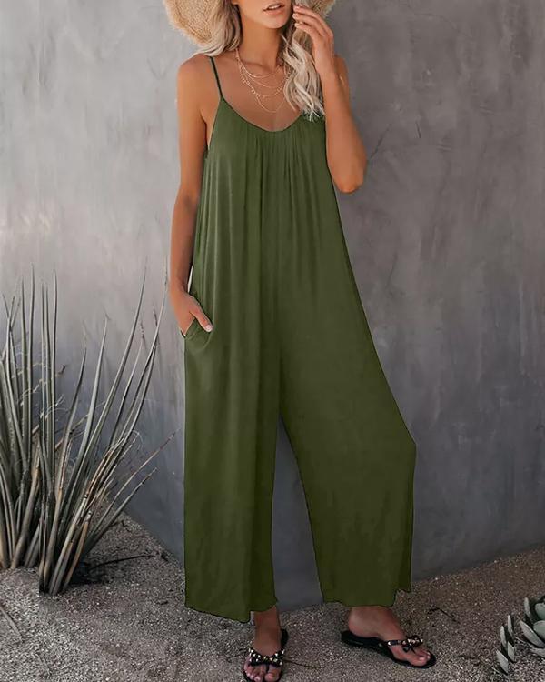 Zwarte Casual Jumpsuit met Zakken en Spaghettibandjes - Jade