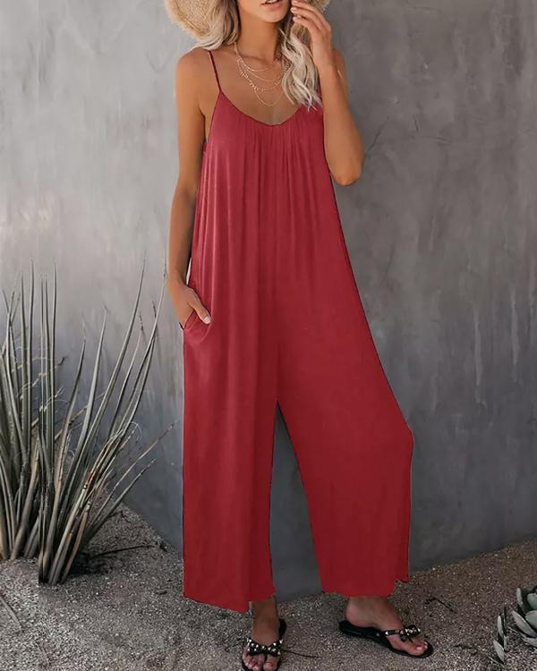 Zwarte Casual Jumpsuit met Zakken en Spaghettibandjes - Jade