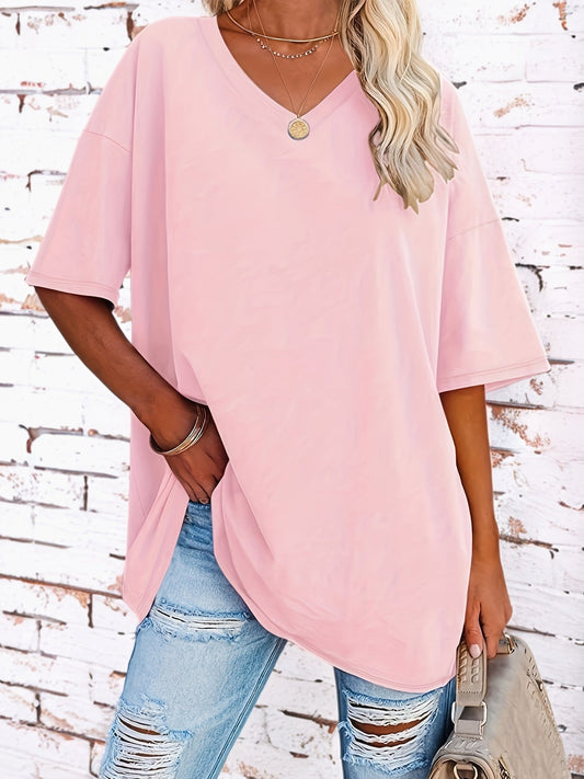 Roze V-Hals T-shirt Plus Size - Rosa