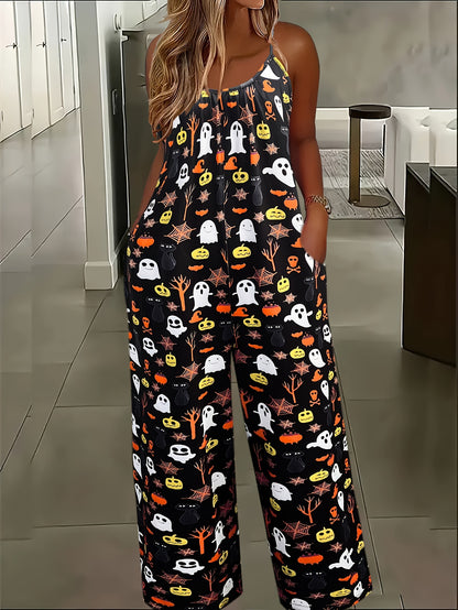 Zwarte Halloween Geest Print Jumpsuit - Noor