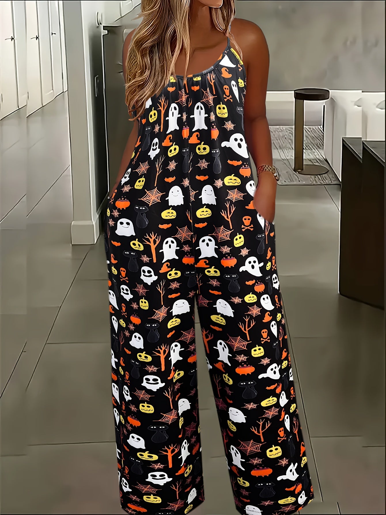 Zwarte Halloween Spookprint Jumpsuit - Mila