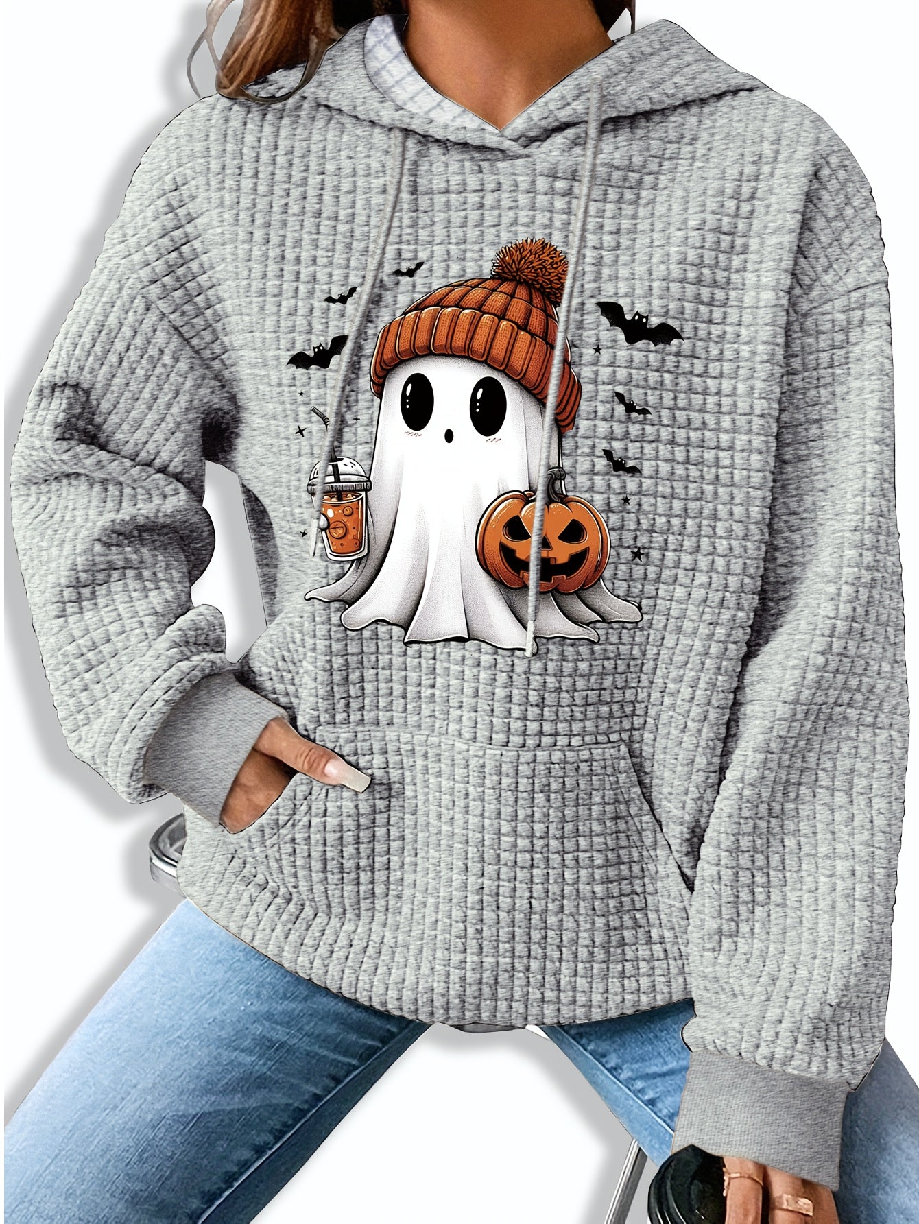 Zwarte Halloween Hoodie met Spook- en Pompoenprint – Femke