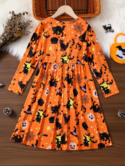 Oranje Halloween Jurk met Katten en Vleermuizen – Lotte