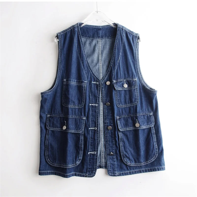 Mouwloos Denimblauw Vest met Meerdere Zakken - Finn