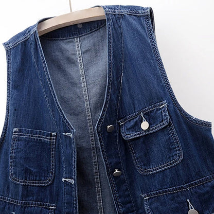 Mouwloos Denimblauw Vest met Meerdere Zakken - Finn