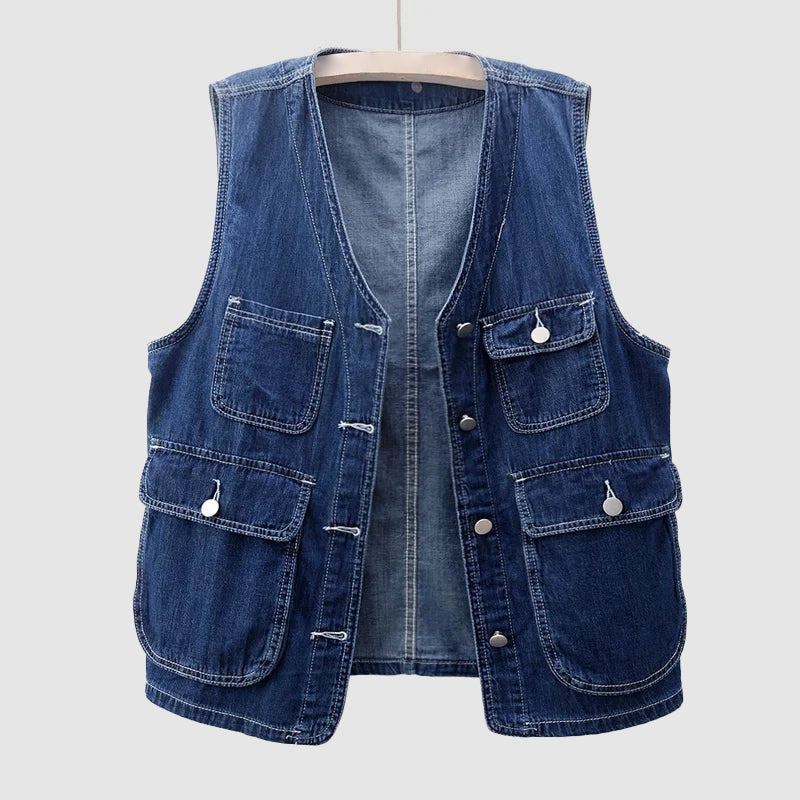 Mouwloos Denimblauw Vest met Meerdere Zakken - Finn