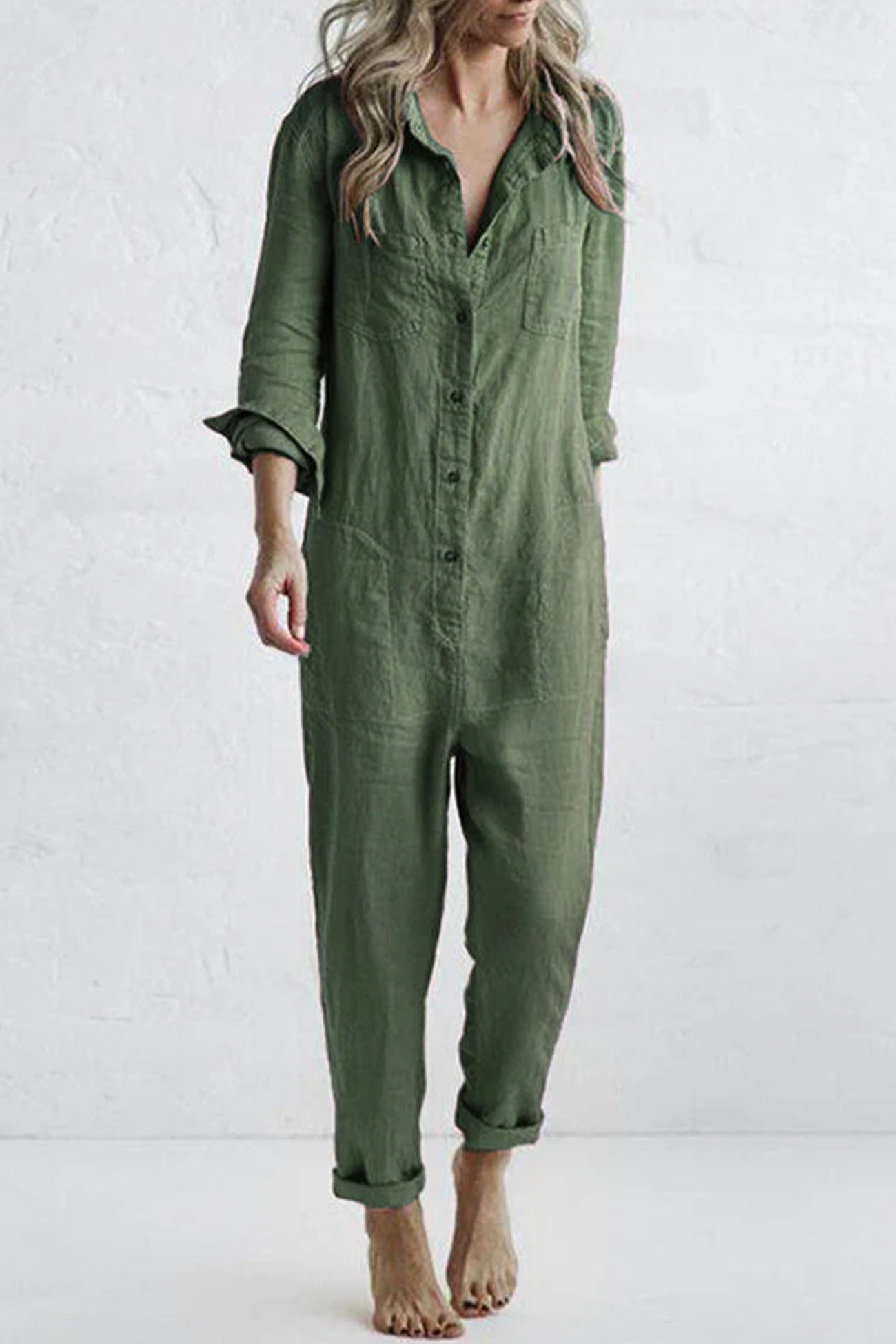 Groene Jumpsuit met Knoopsluiting en Zakken - Mila