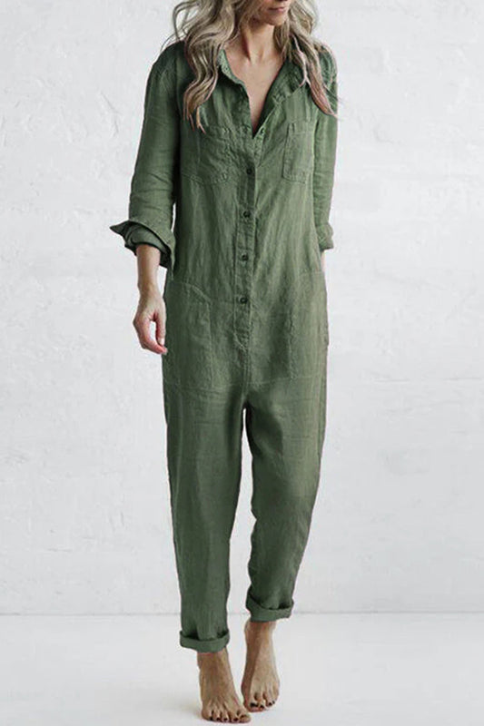 Groene Jumpsuit met Knoopsluiting en Zakken - Mila