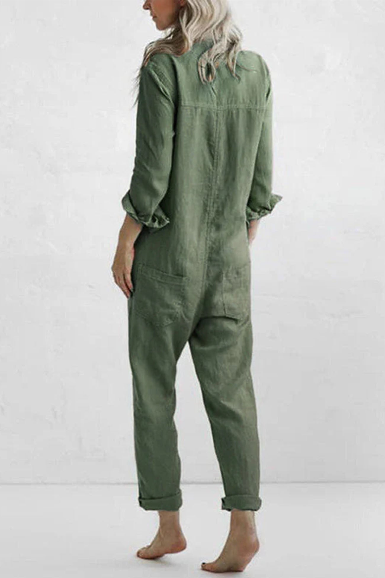 Groene Jumpsuit met Knoopsluiting en Zakken - Mila