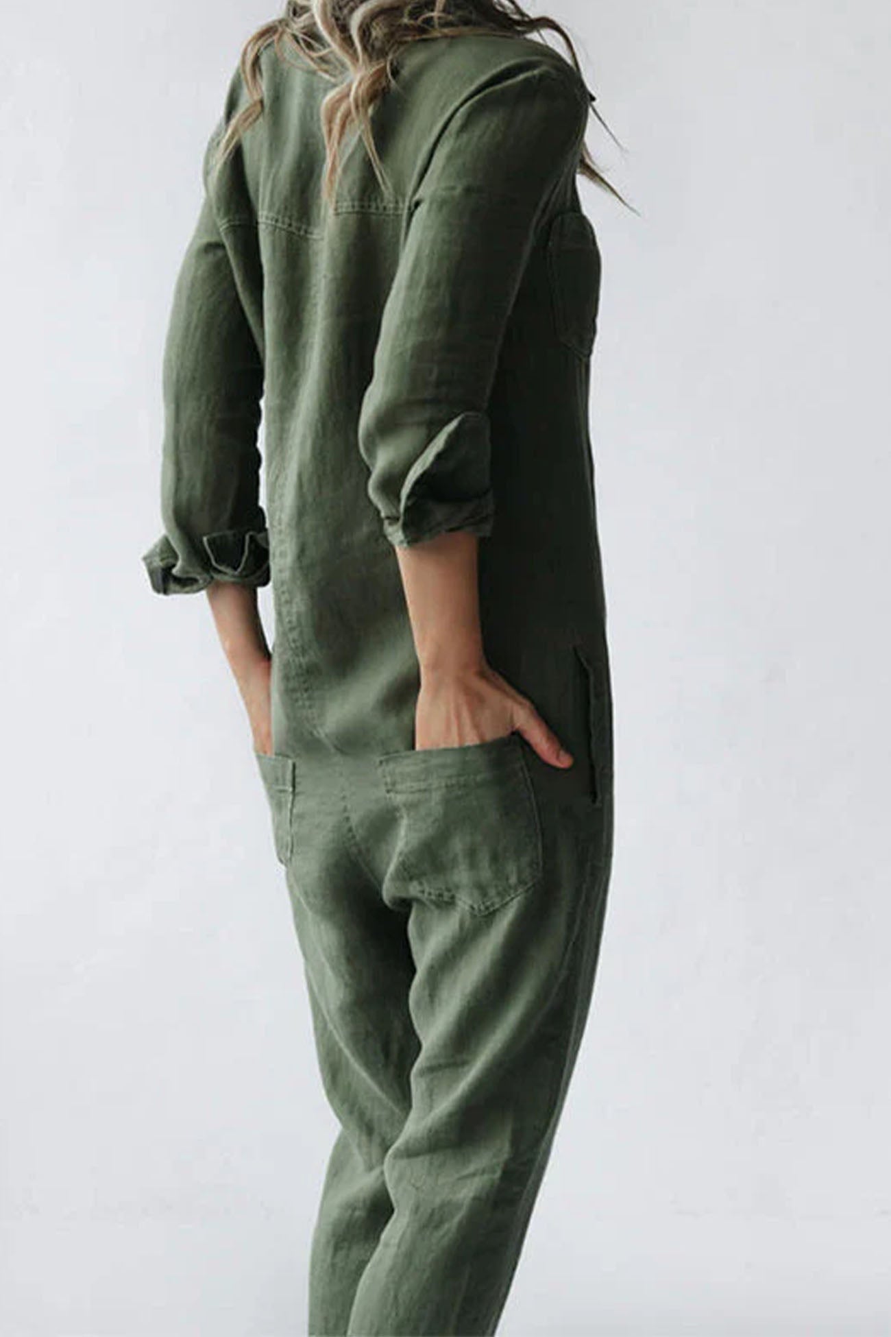 Groene Jumpsuit met Knoopsluiting en Zakken - Mila