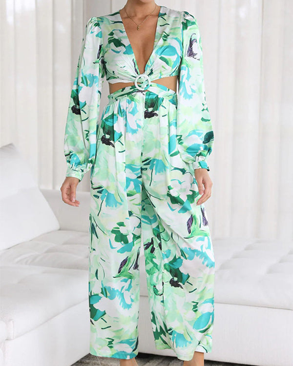 Rode V-hals Jumpsuit met Print en Pofmouwen - Ella