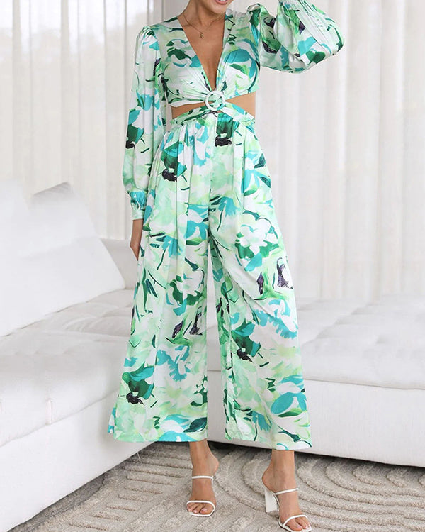 Rode V-hals Jumpsuit met Print en Pofmouwen - Ella