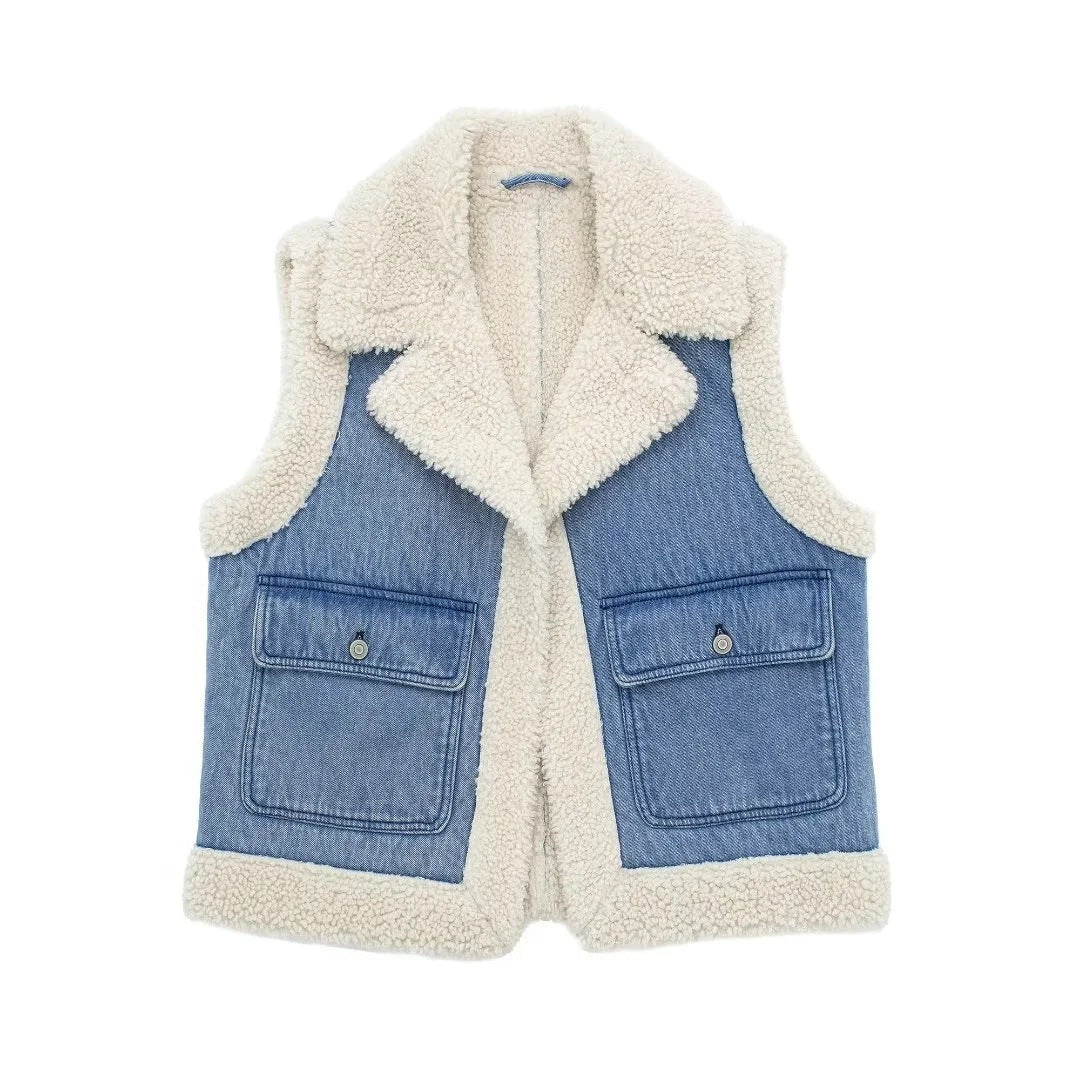 Blauw Imitatie-Wol Spijker Gilet - Sara