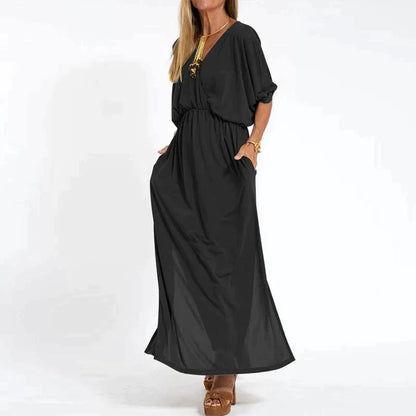 Elegante boho maxi-jurk met tailleband: wijde mouwen, getailleerd model