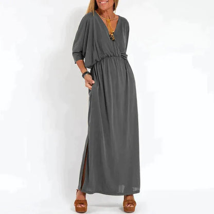 Elegante boho maxi-jurk met tailleband: wijde mouwen, getailleerd model