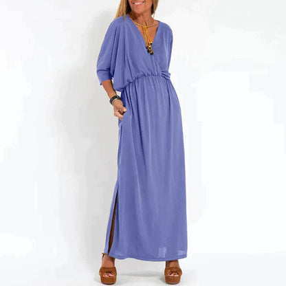 Elegante boho maxi-jurk met tailleband: wijde mouwen, getailleerd model