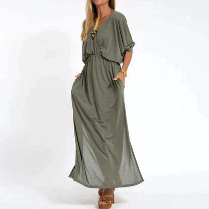 Elegante boho maxi-jurk met tailleband: wijde mouwen, getailleerd model