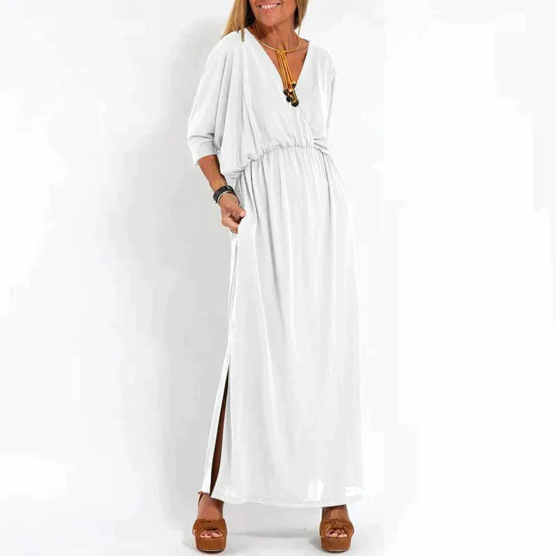 Elegante boho maxi-jurk met tailleband: wijde mouwen, getailleerd model