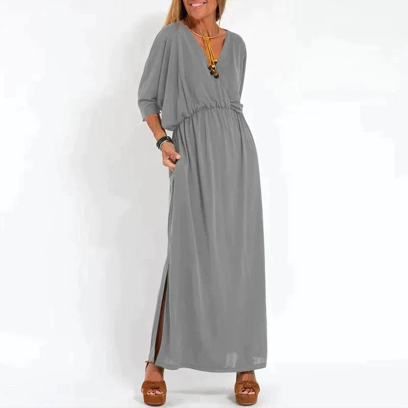 Elegante boho maxi-jurk met tailleband: wijde mouwen, getailleerd model