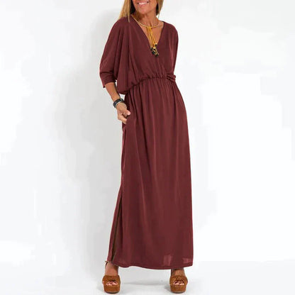 Elegante boho maxi-jurk met tailleband: wijde mouwen, getailleerd model