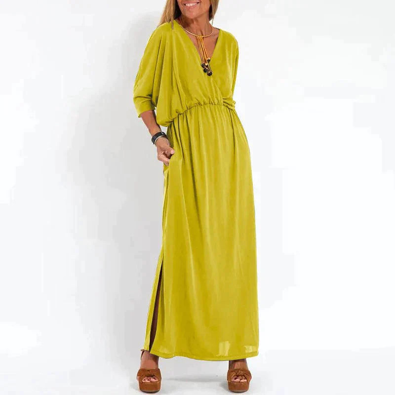 Elegante boho maxi-jurk met tailleband: wijde mouwen, getailleerd model