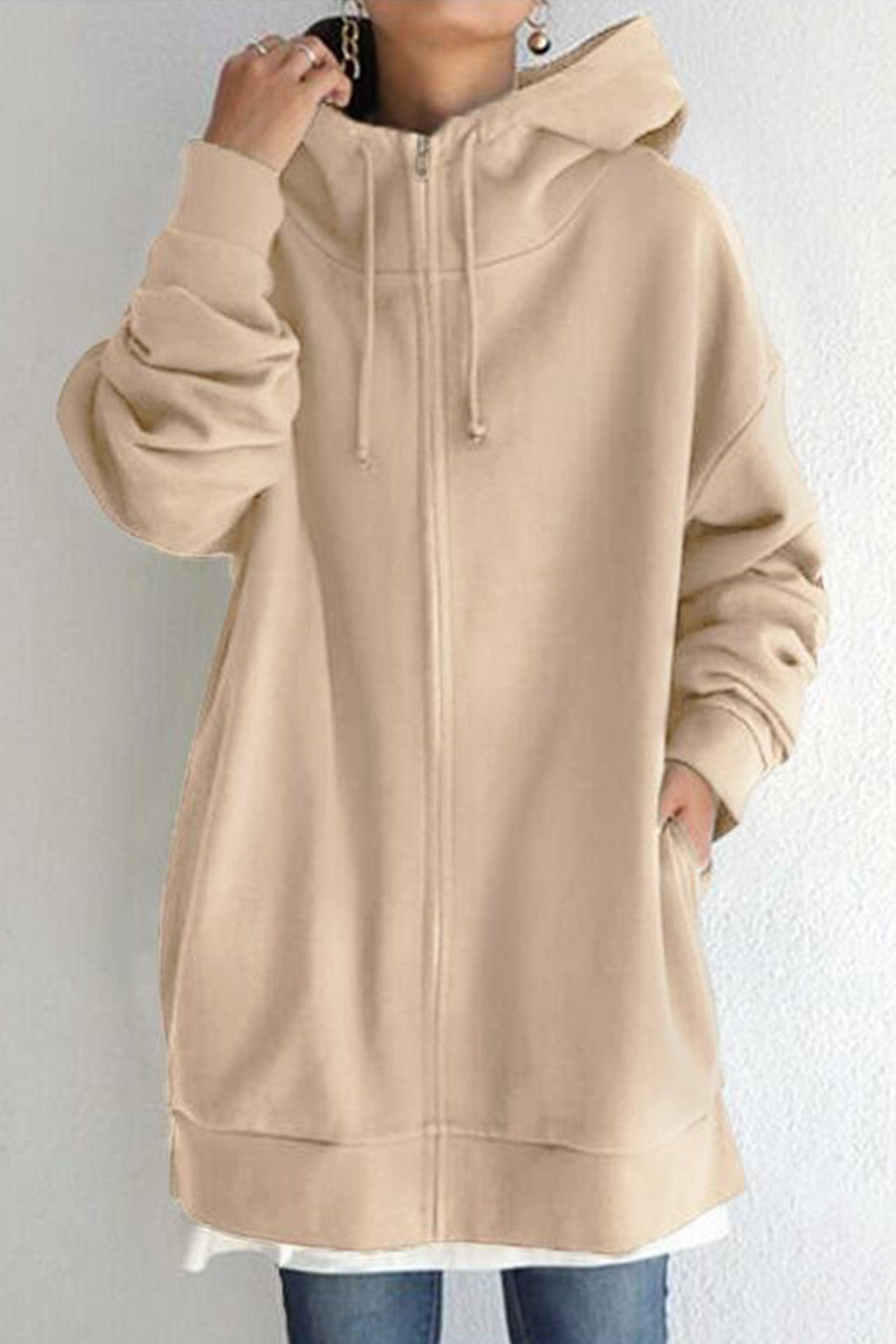 Koffiekleurige Mid-Length Hoodie met Rits - Emma