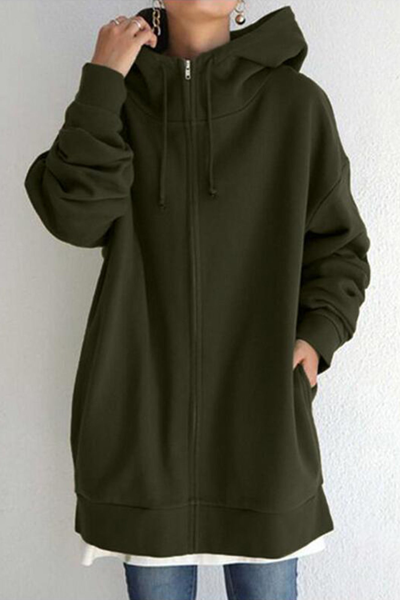 Koffiekleurige Mid-Length Hoodie met Rits - Emma