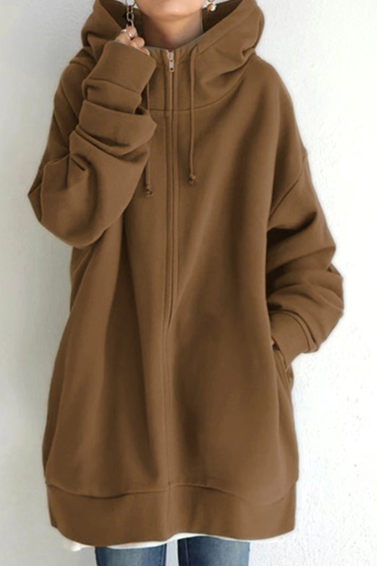 Koffiekleurige Mid-Length Hoodie met Rits - Emma