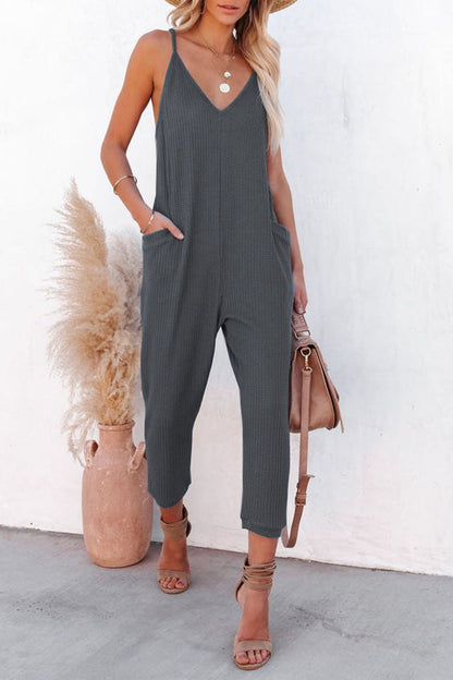 Blauwe Wafel V-Hals Jumpsuit met Spaghettibandjes - Luna