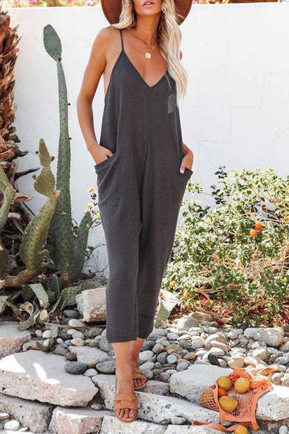 Blauwe Wafel V-Hals Jumpsuit met Spaghettibandjes - Luna