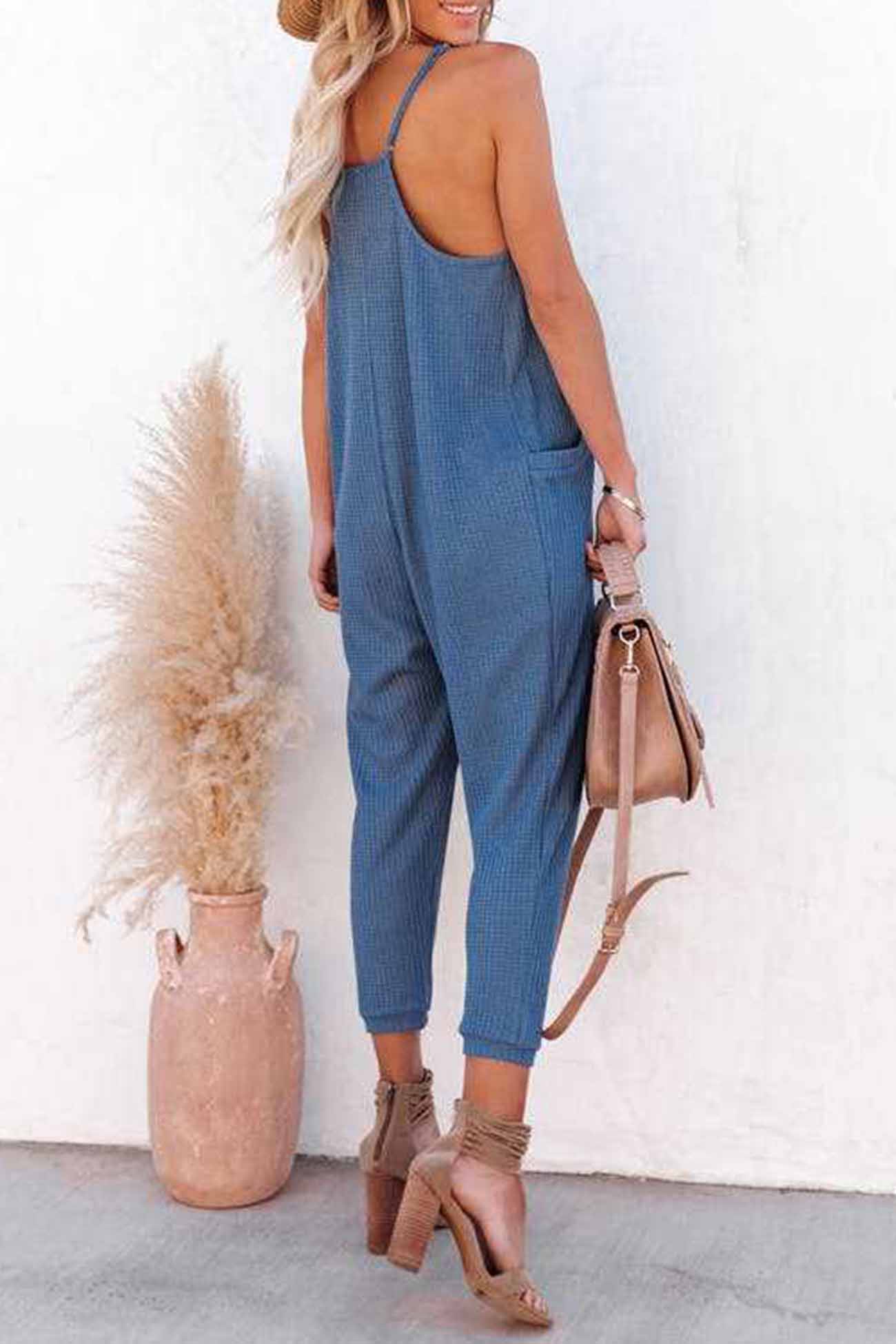 Blauwe Wafel V-Hals Jumpsuit met Spaghettibandjes - Luna