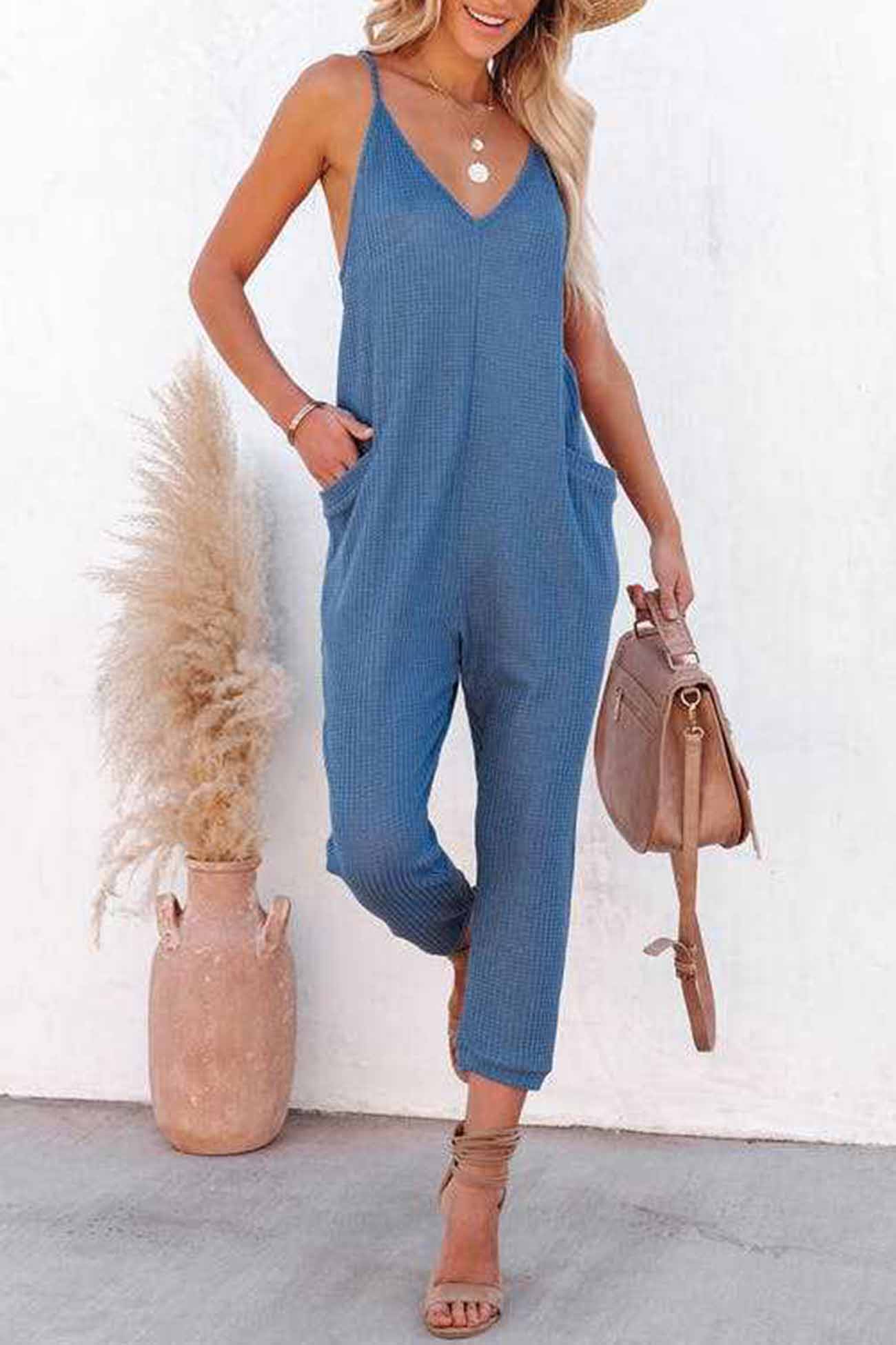 Blauwe Wafel V-Hals Jumpsuit met Spaghettibandjes - Luna