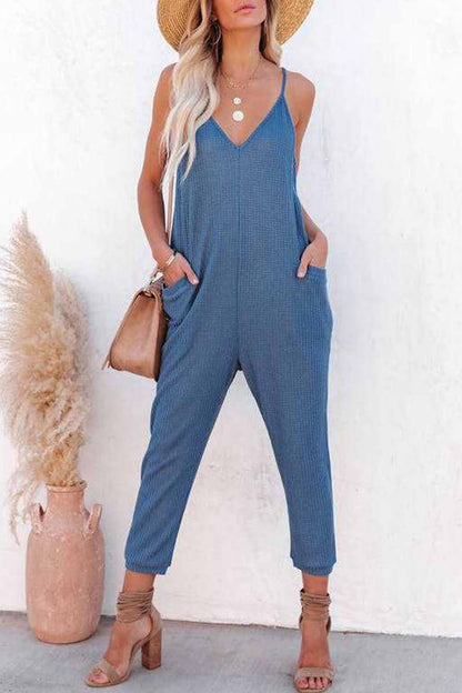 Blauwe Wafel V-Hals Jumpsuit met Spaghettibandjes - Luna