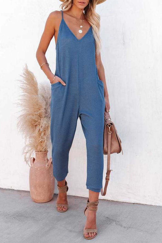 Blauwe Wafel V-Hals Jumpsuit met Spaghettibandjes - Luna