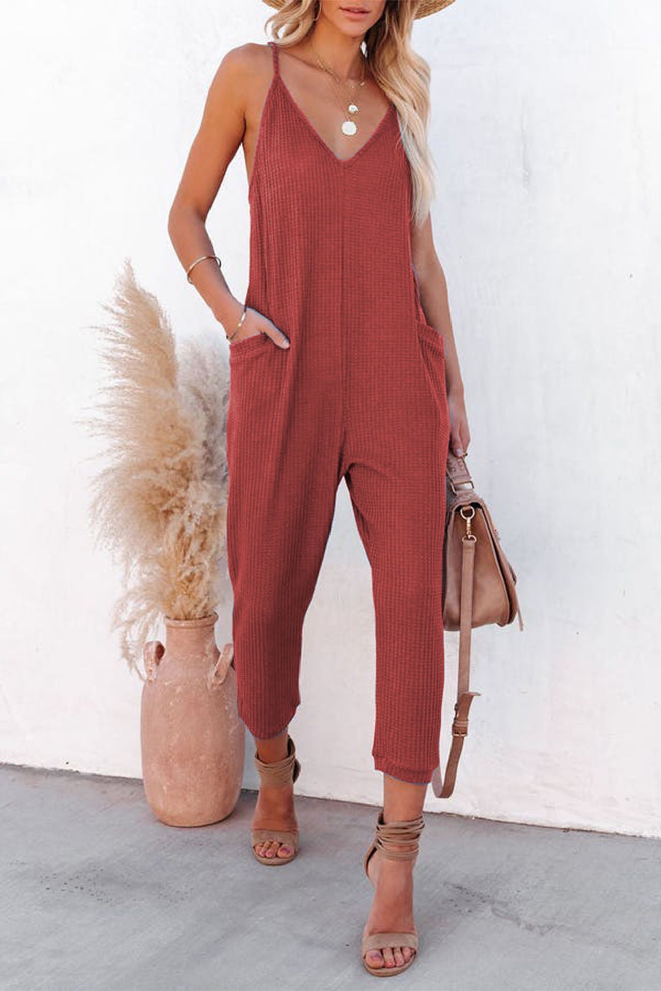 Blauwe Wafel V-Hals Jumpsuit met Spaghettibandjes - Luna