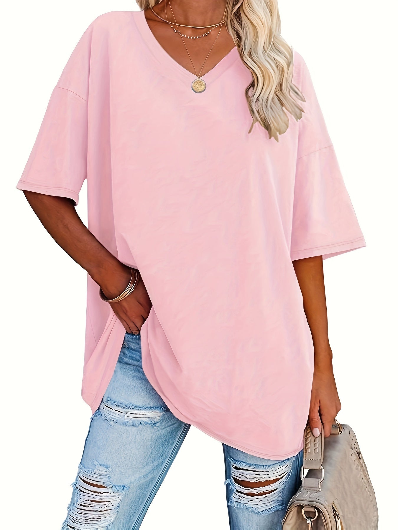 Roze V-Hals T-shirt Plus Size - Rosa