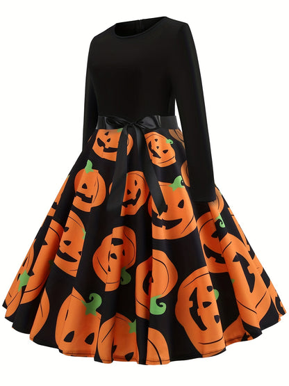 Zwarte Halloween Swingjurk met Pompoenprint - Eva